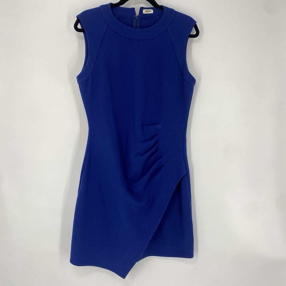 L’Agence Blue Dress Bodycon Ruche Waist Round Neck Sleeveless Lagence 10 Luxury